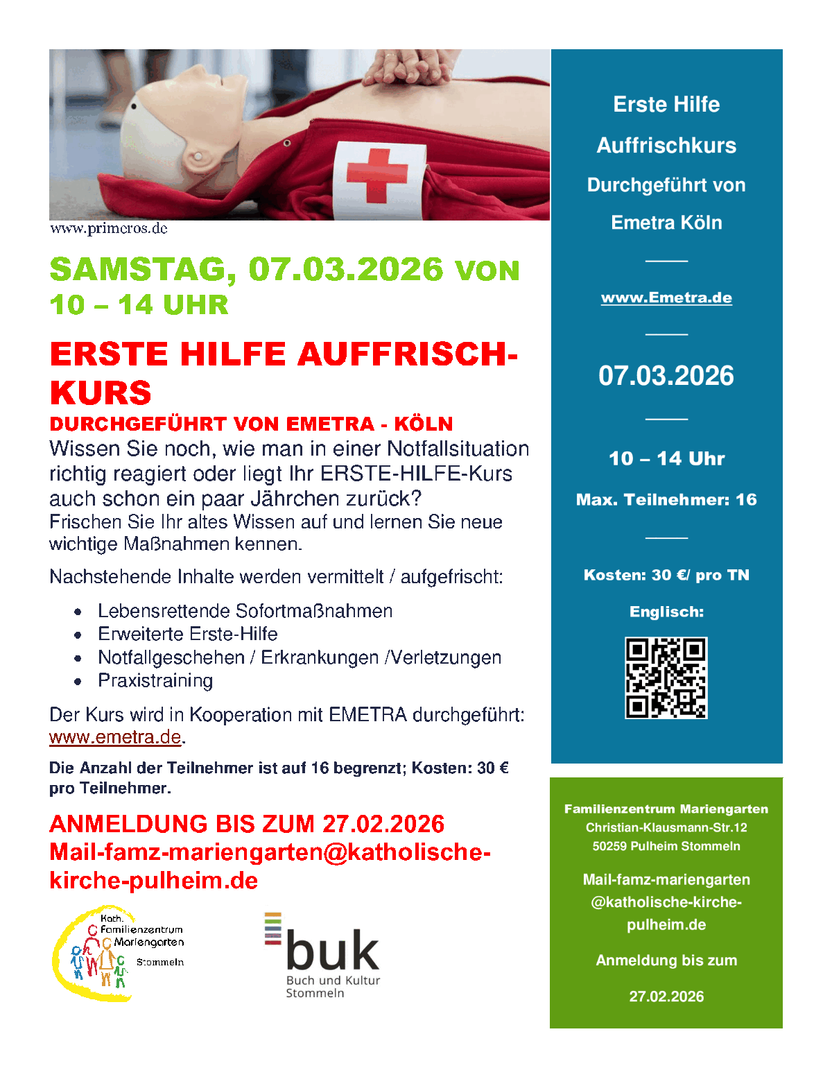 Plakat_Erste_Hilfe_Auffrischkurs_07032026 (c) www.primeros.de