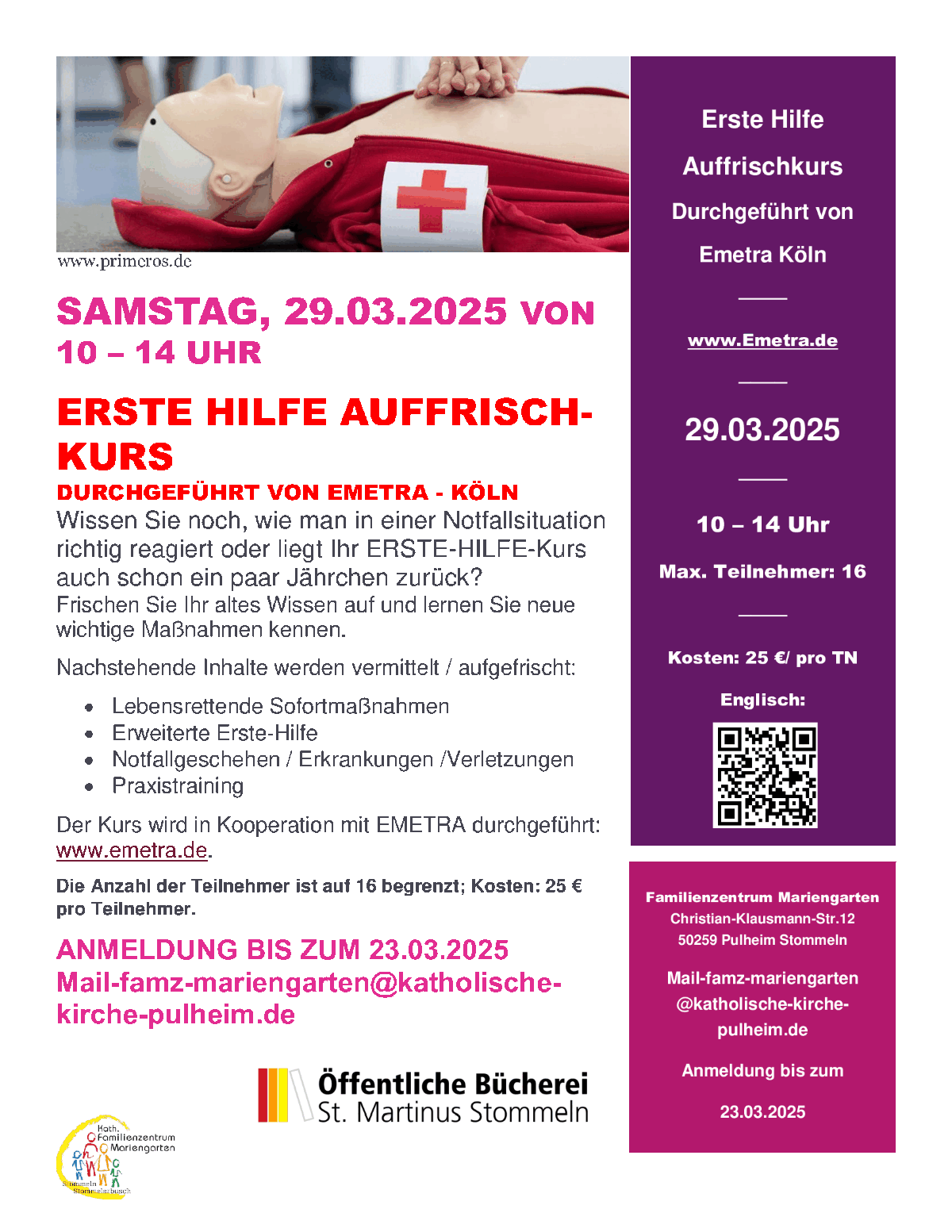 Plakat_Erste_Hilfe_Auffrischkurs_29032025 (c) www.primeros.de